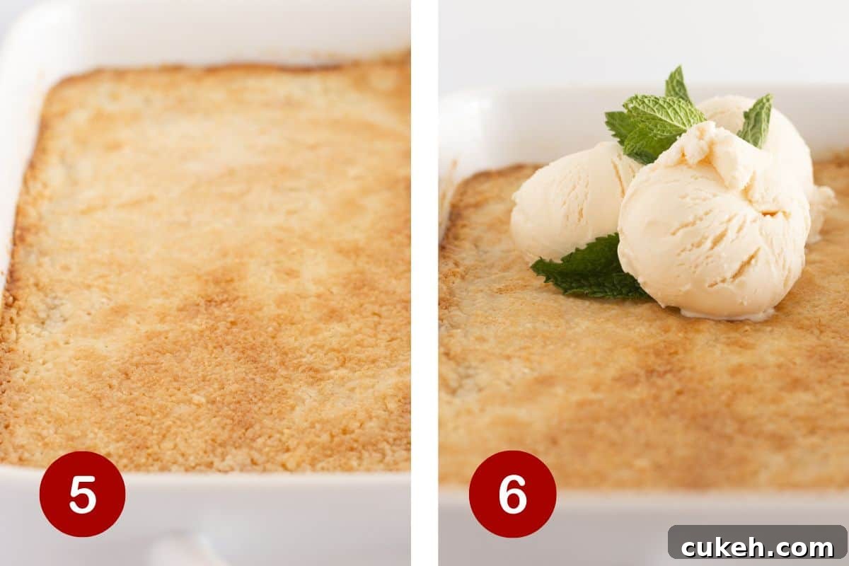 Baking the lemon dump cake and serving it with ice cream.