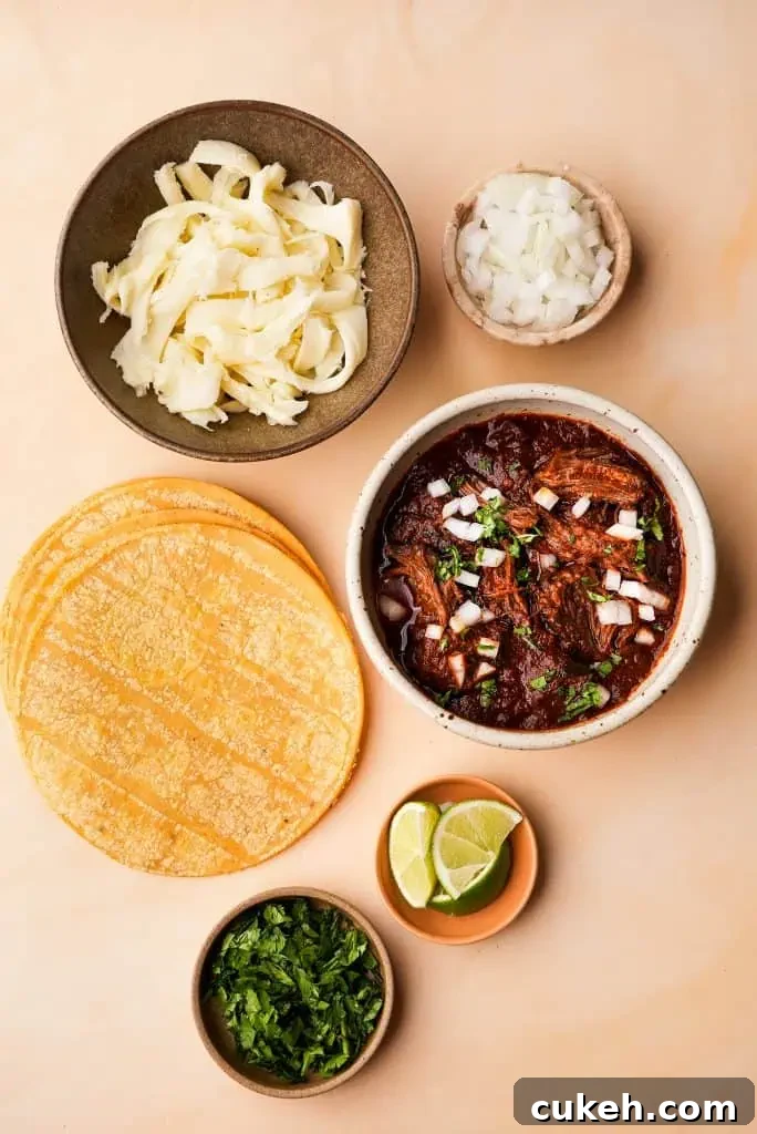Ingredients for birria tacos including tortillas, shredded beef birria, cheese, chopped onion, cilantro, and lime wedges.