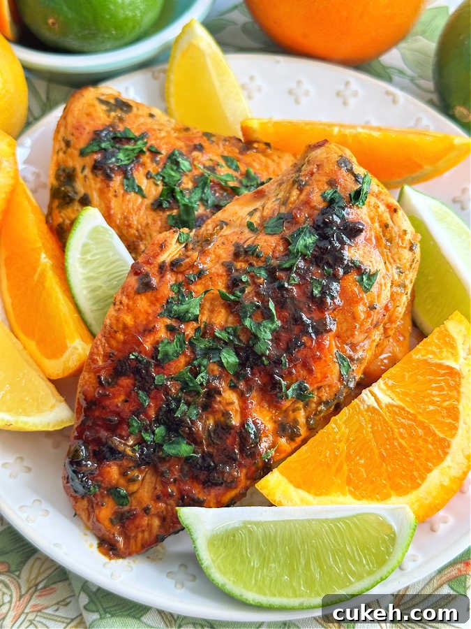 two citrus marinated chicken breasts plated with slices of orange, lemon and lime