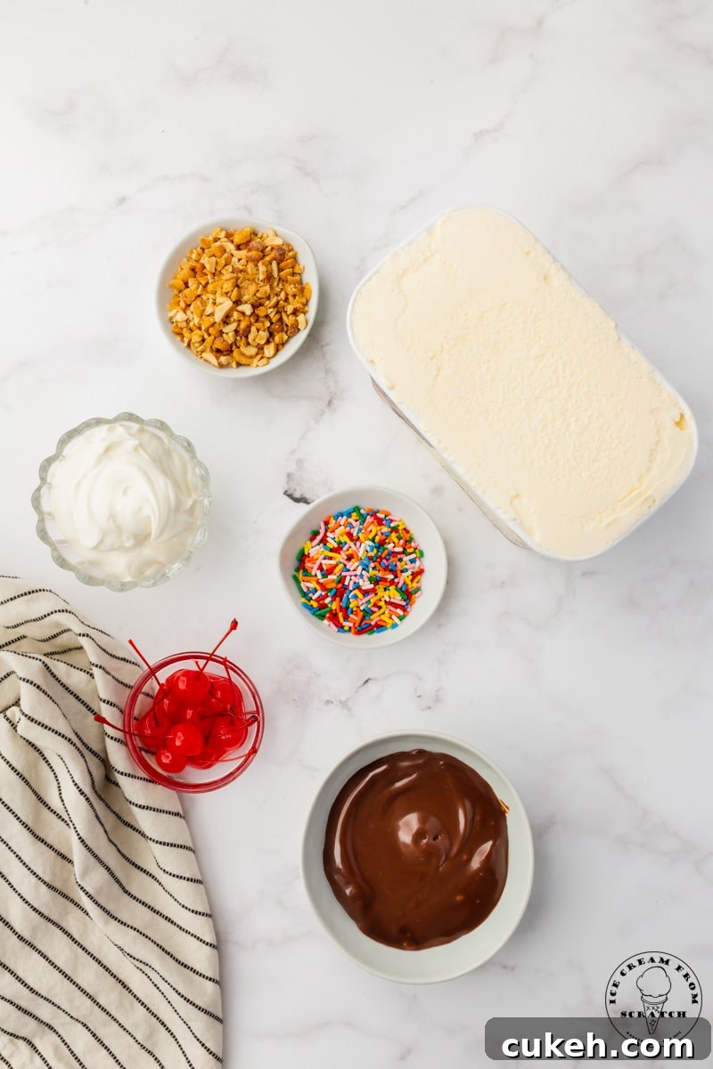 Decadent Hot Fudge Sundae Recipe — Rich Chocolate & Vanilla Scoop 3 The ingredients needed to make a classic hot fudge sundae, all on a counter, viewed from above.