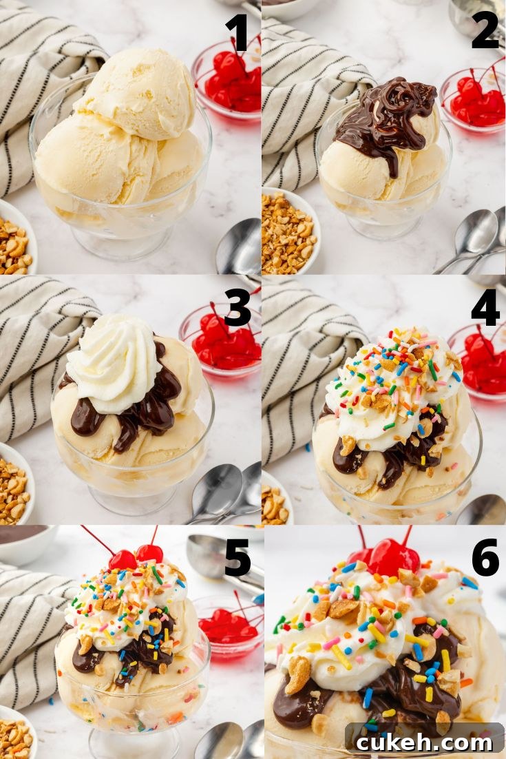 Decadent Hot Fudge Sundae Recipe — Rich Chocolate & Vanilla Scoop 4 a collage of six images showing how to make a hot fudge sundae