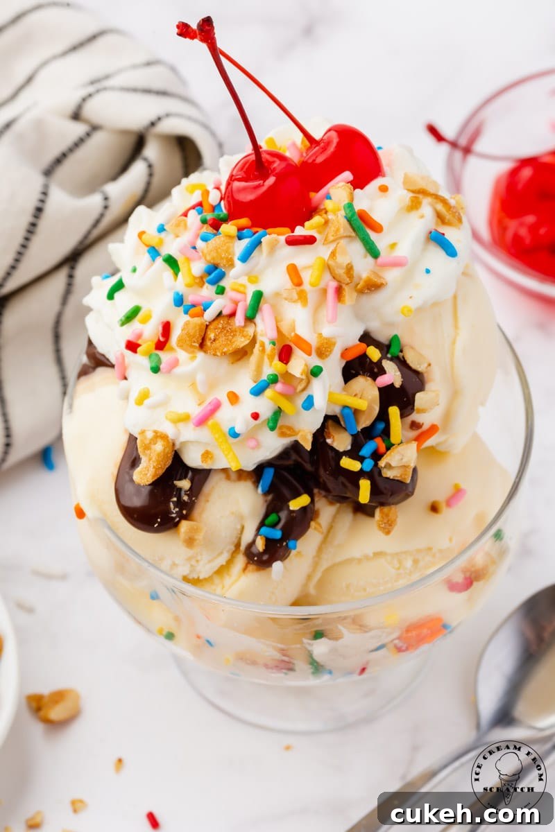 Decadent Hot Fudge Sundae Recipe — Rich Chocolate & Vanilla Scoop 5 a sundae topped with hot fudge, whipped cre3am, rainbow sprinkles, peanuts, and two cherries