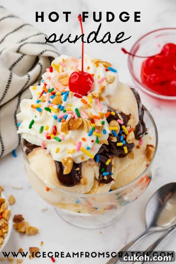 Decadent Hot Fudge Sundae Recipe — Rich Chocolate & Vanilla Scoop 6 image of a hot fudge sundae. Text over top of image says "hot fudge sundae"