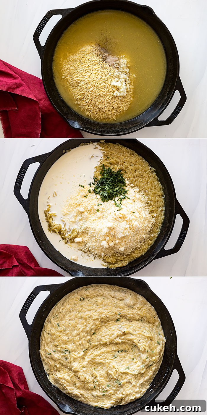 Three pictures showing how to make this dish: cooking the pasta in broth, stirring in the remaining ingredients, and how it looks finished.