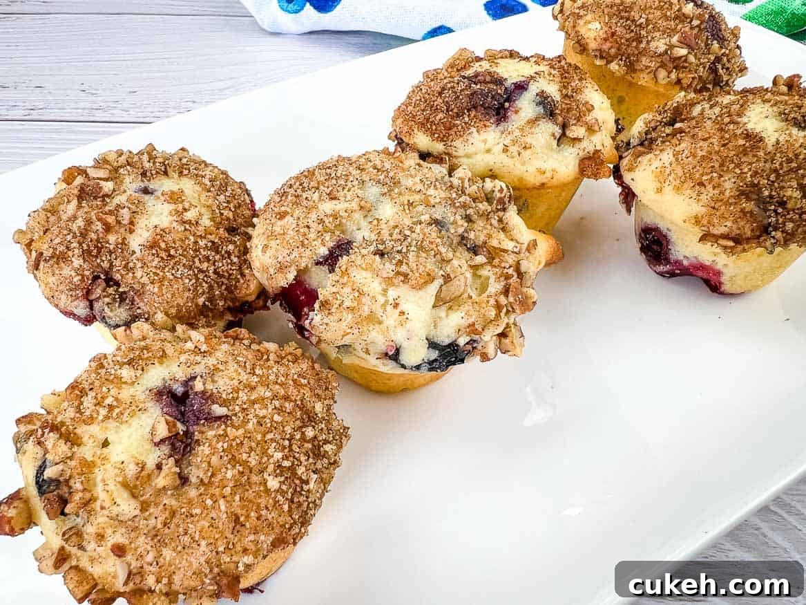 Blueberry crumb muffins on a white plate.