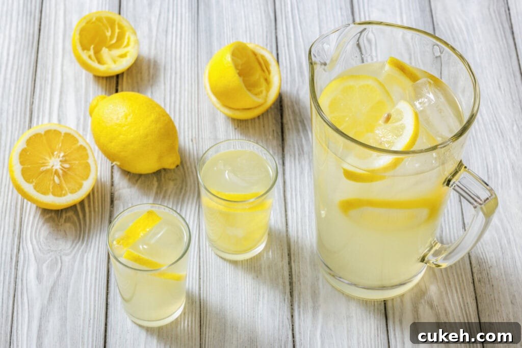 A glass pitcher and two glasses of lemonade with lemon slices, surrounded by whole and halved lemons on a light wooden surface.