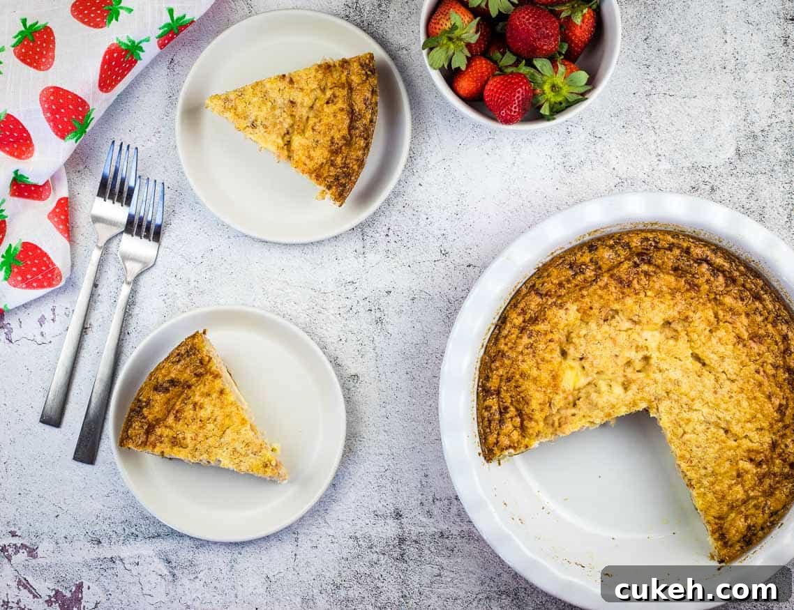 Slices of Ham & Cheese Impossible Quiche next to a whole pie.