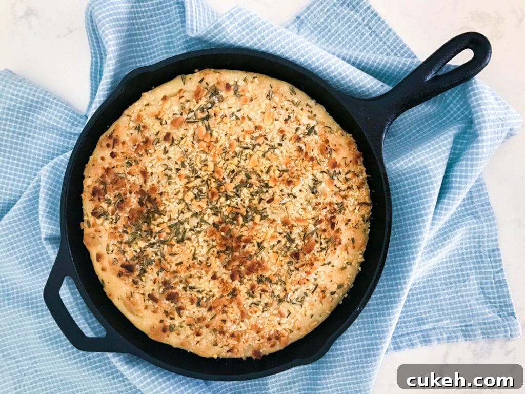 No-Knead Skillet Focaccia with Rosemary and Pine Nuts