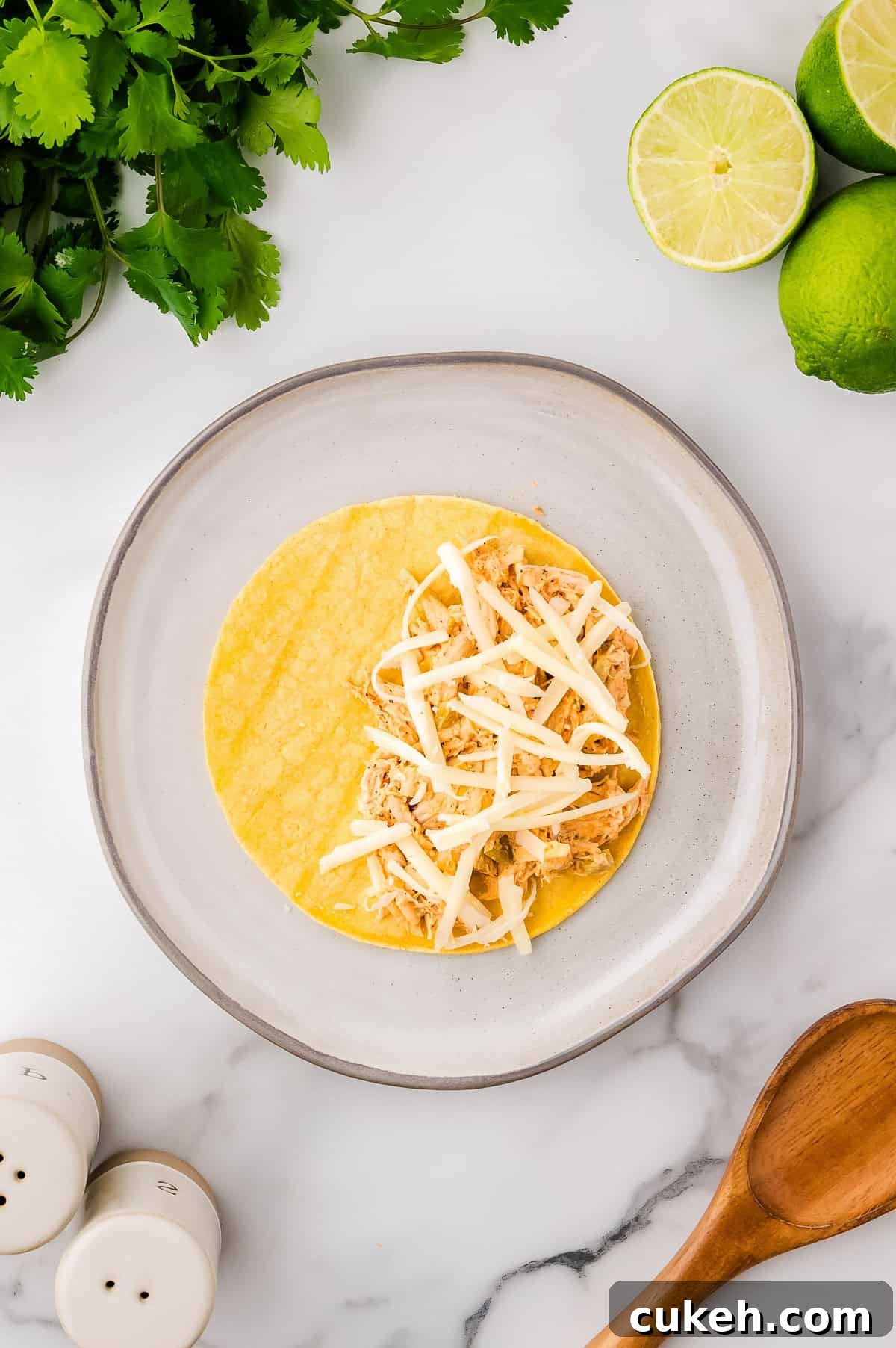 A corn tortilla topped with the chicken taco filling and shredded cheese sitting on a white plate.