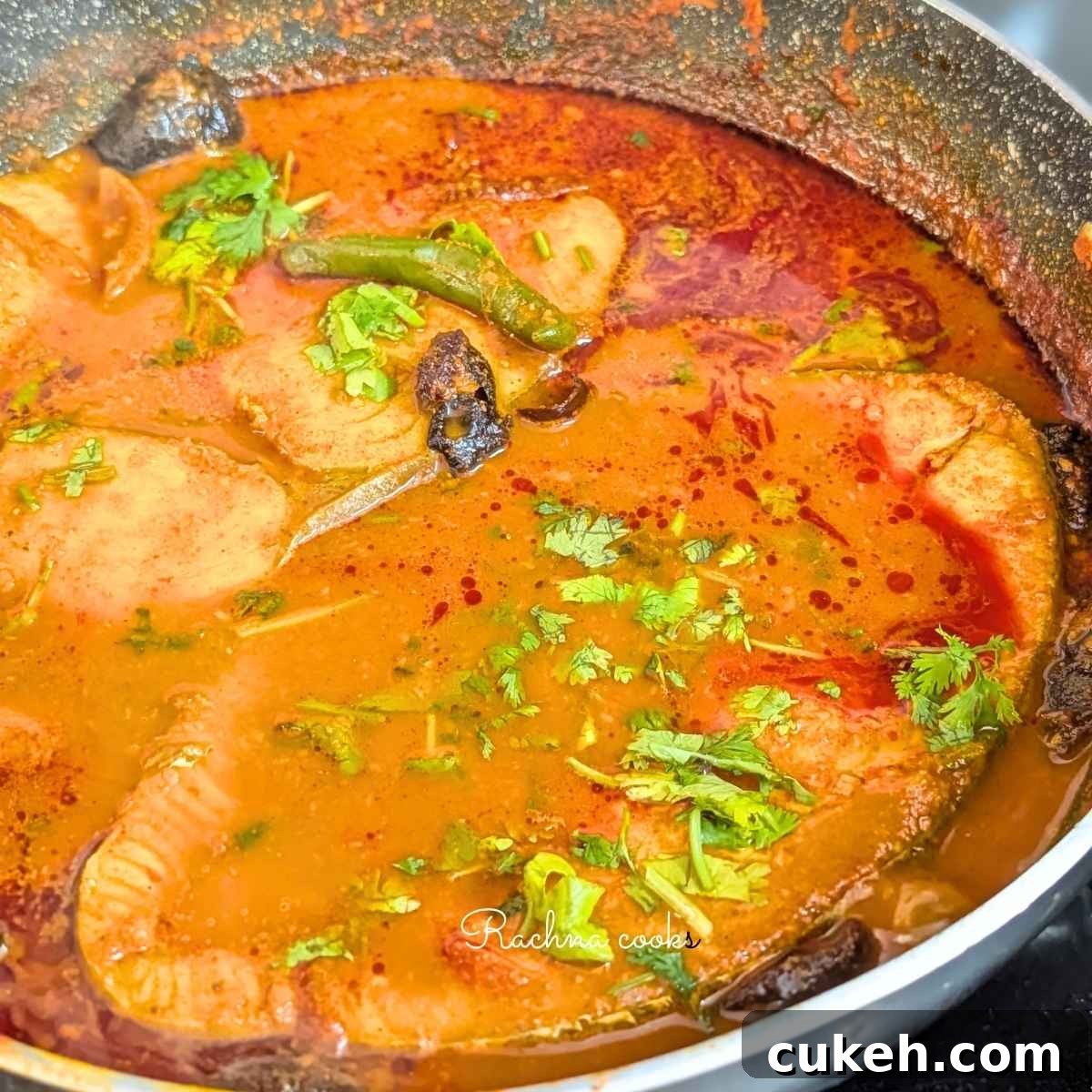 Malvani curry with surmai fillets garnished with chopped cilantro