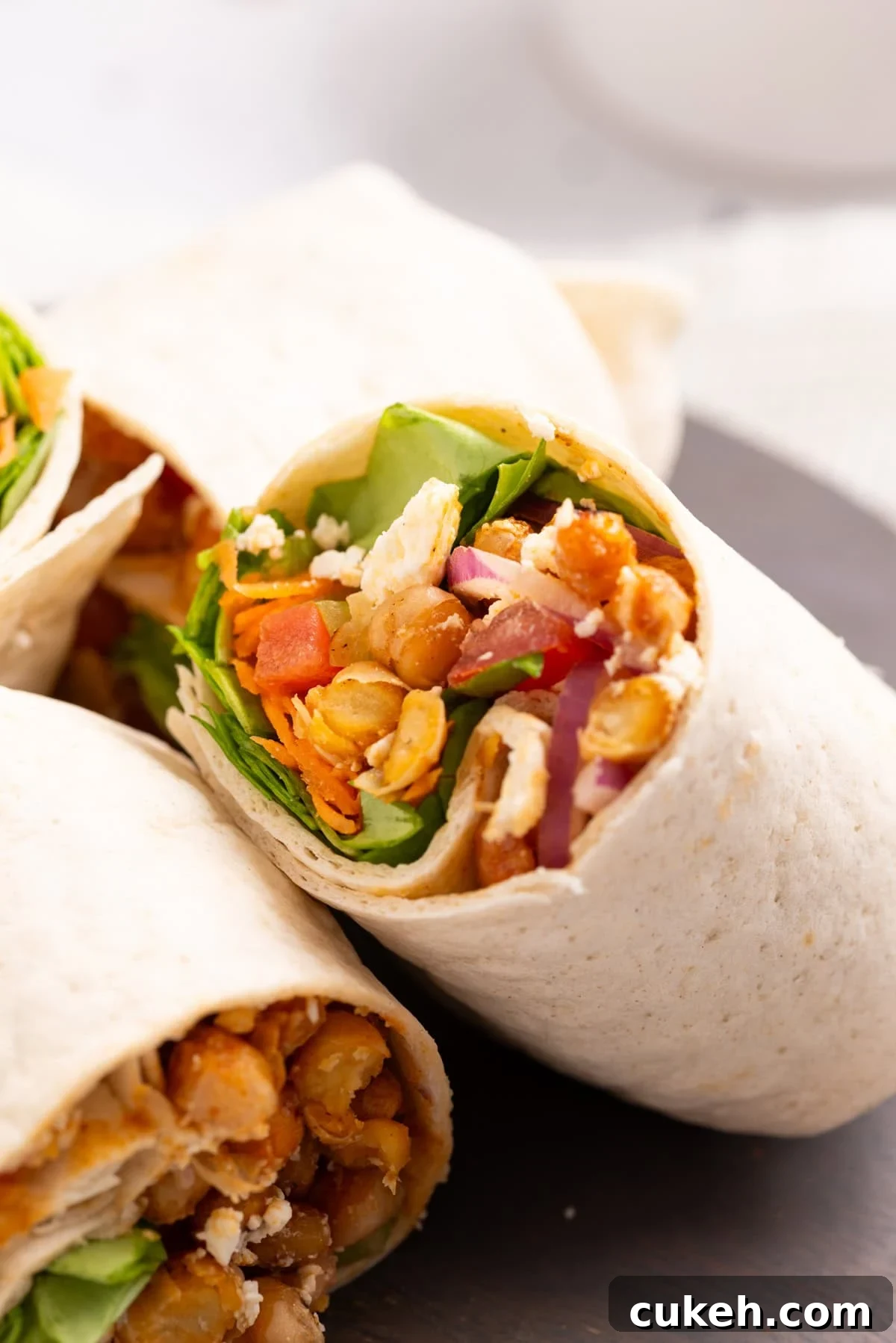 A close up image of chickpea wrap.