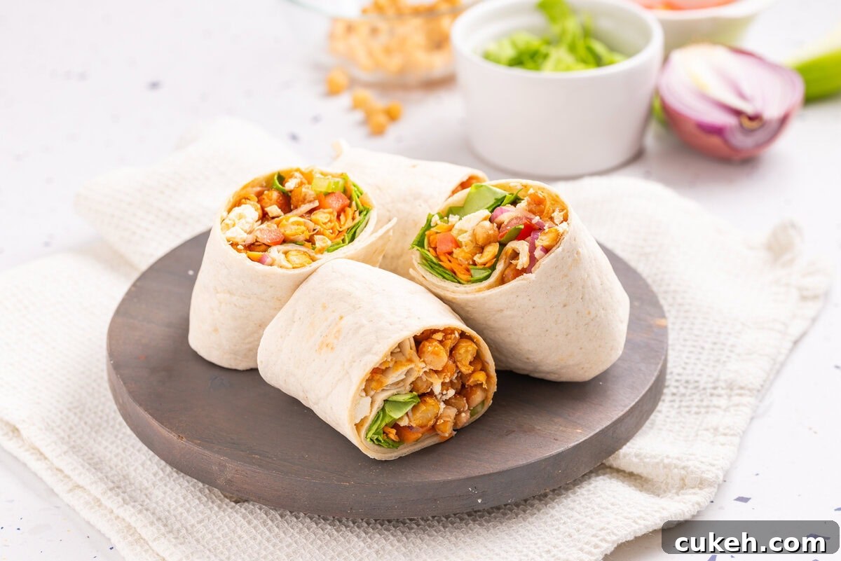 An image of buffalo chickpea wraps on a plate.