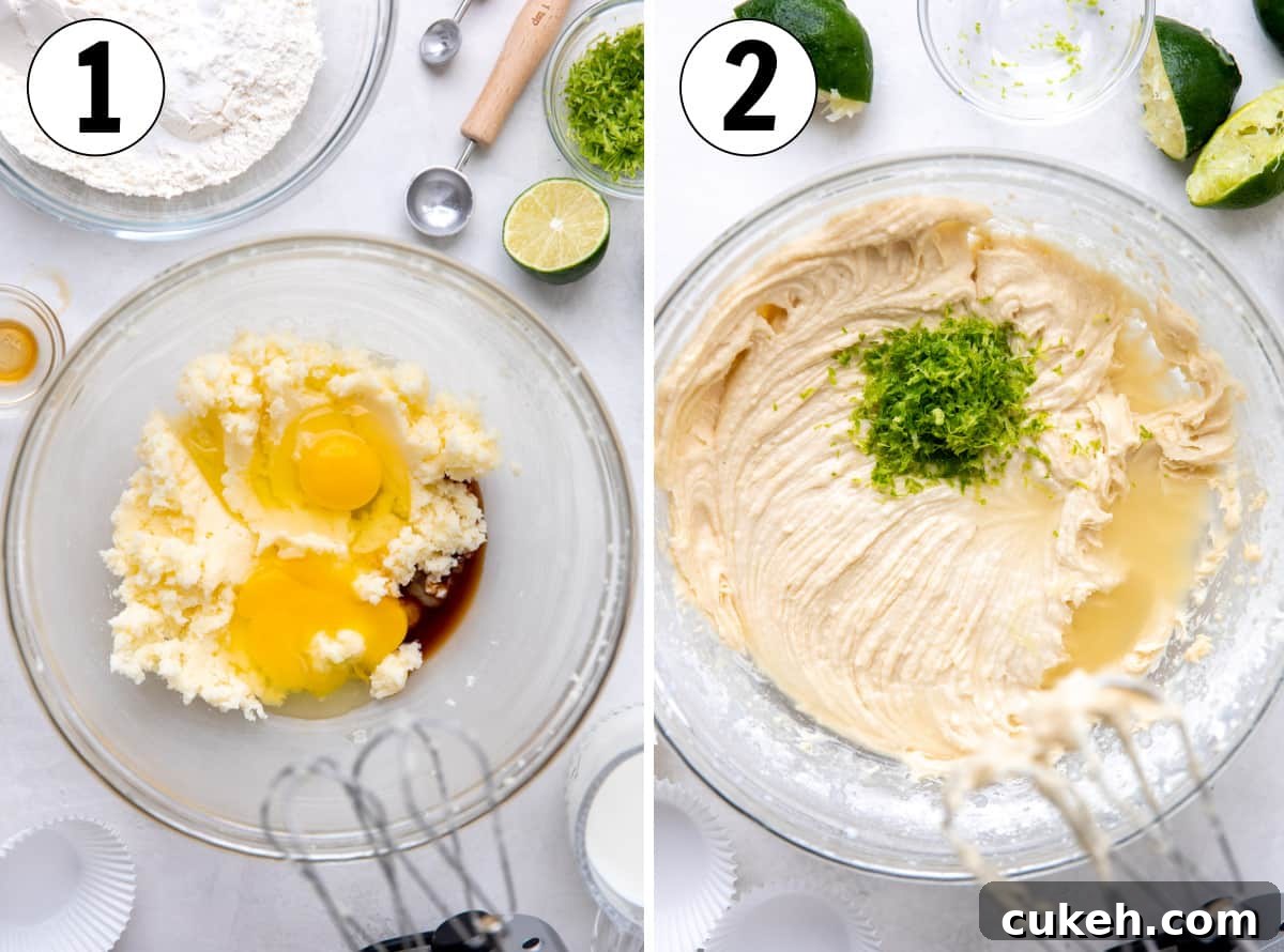How to make coconut cupcakes with a hint of lime, showing batter being mixed.