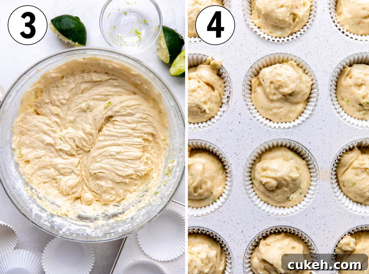 How to make coconut cupcakes with lime, showing batter being added to muffin tin for baking.