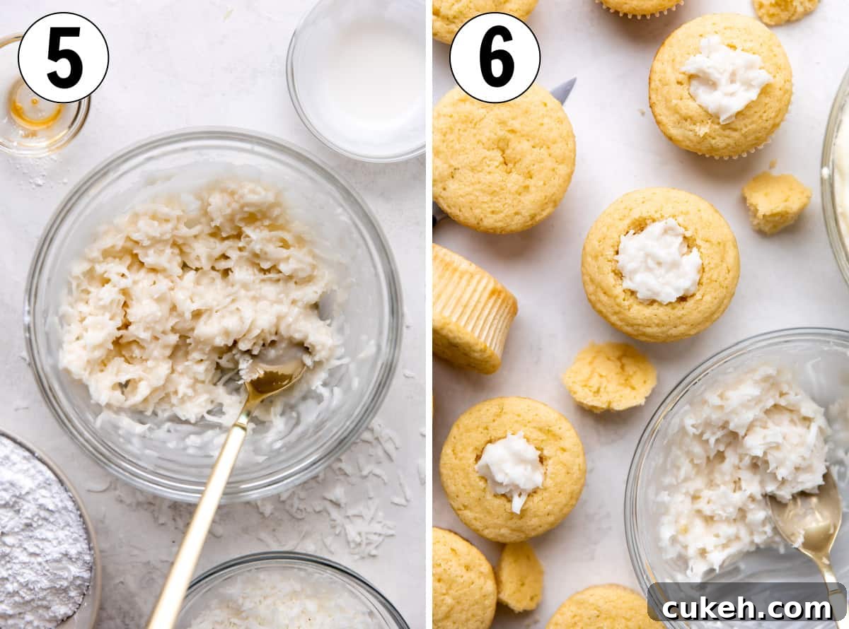 How to make coconut lime cupcakes, showing creamy coconut filling being added to centers of cupcakes.