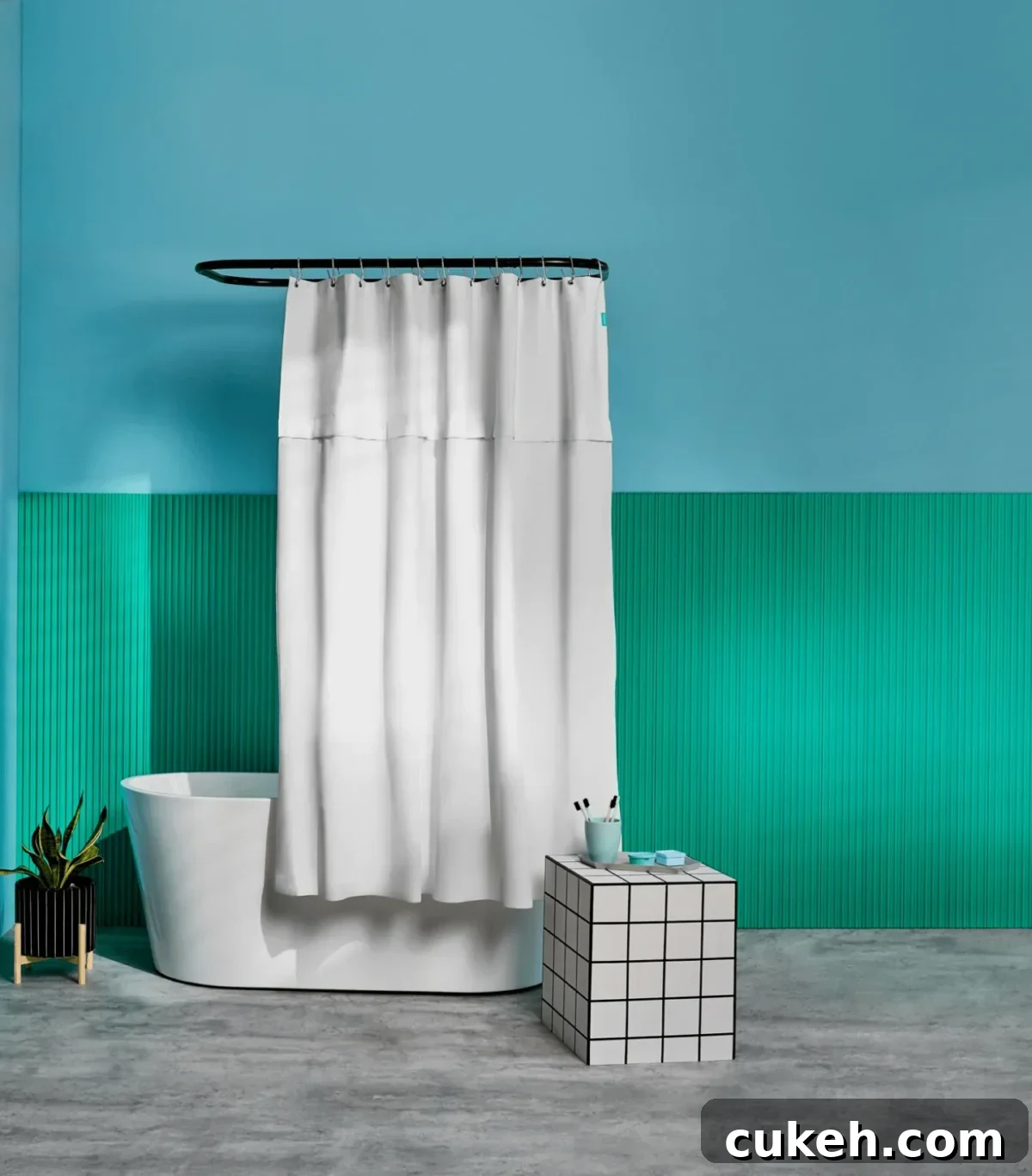 an image of non-toxic white shower curtain from Outlines with blue and green background