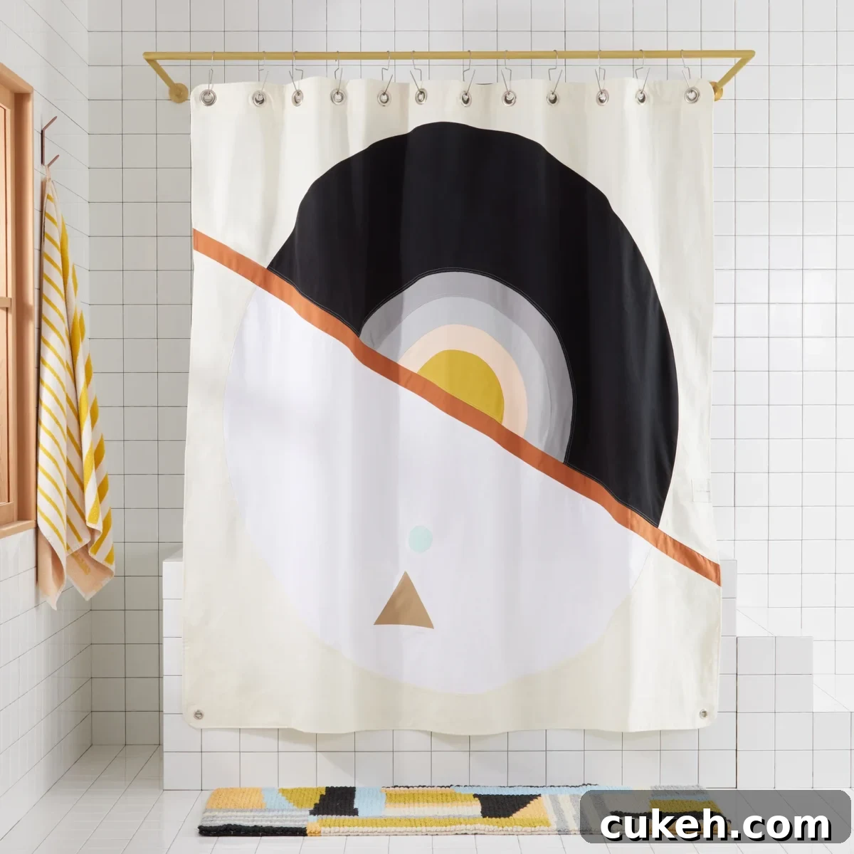 an image of non-toxic shower curtain with nice print from Quiet Town in the bathroom 