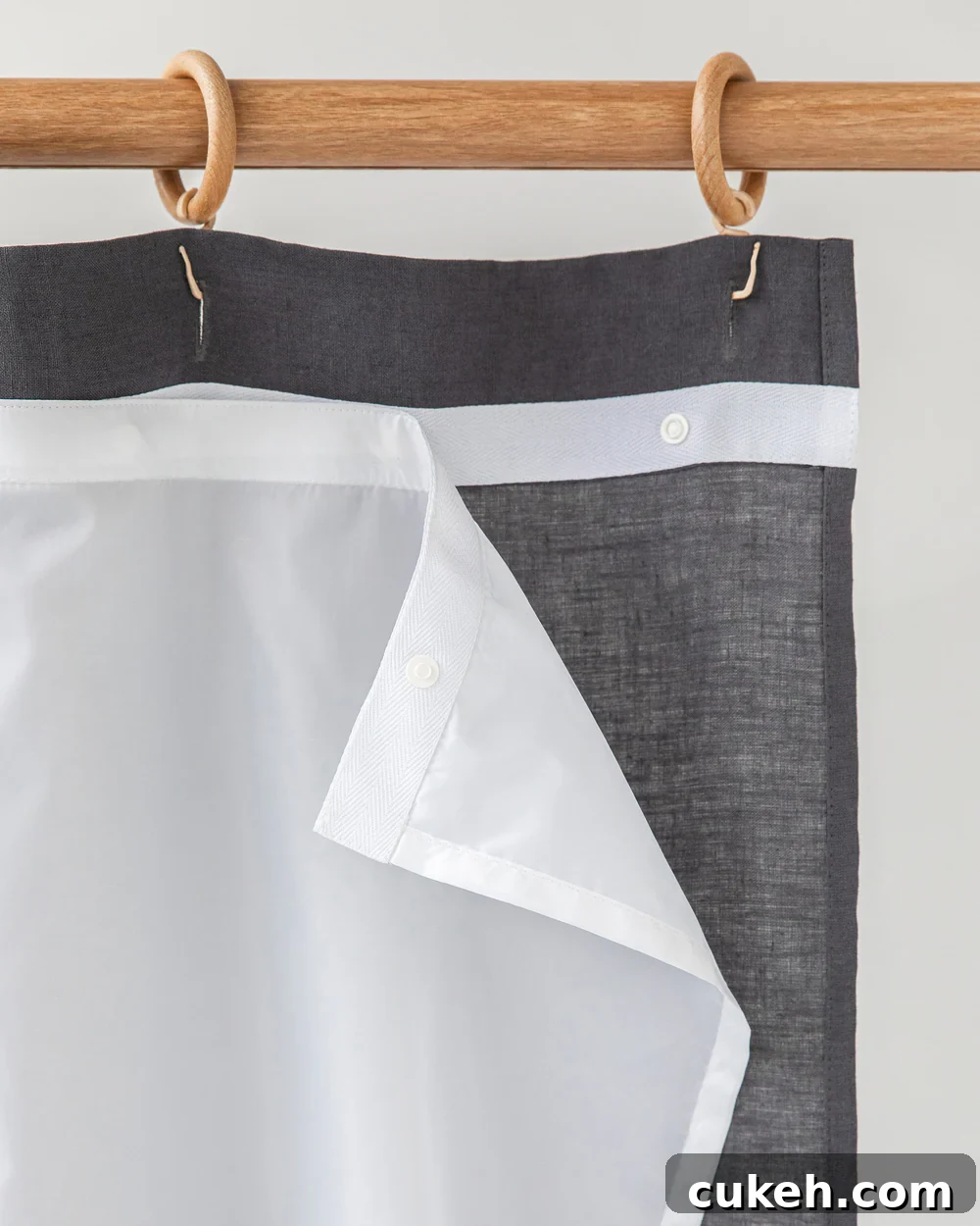 an image of non-toxic gray and white shower curtain from Magic Linen