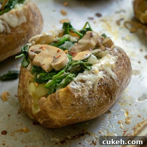 Spinach Mushroom Stuffed Baked Potatoes with Cheddar dripping down the side on a sheet pan