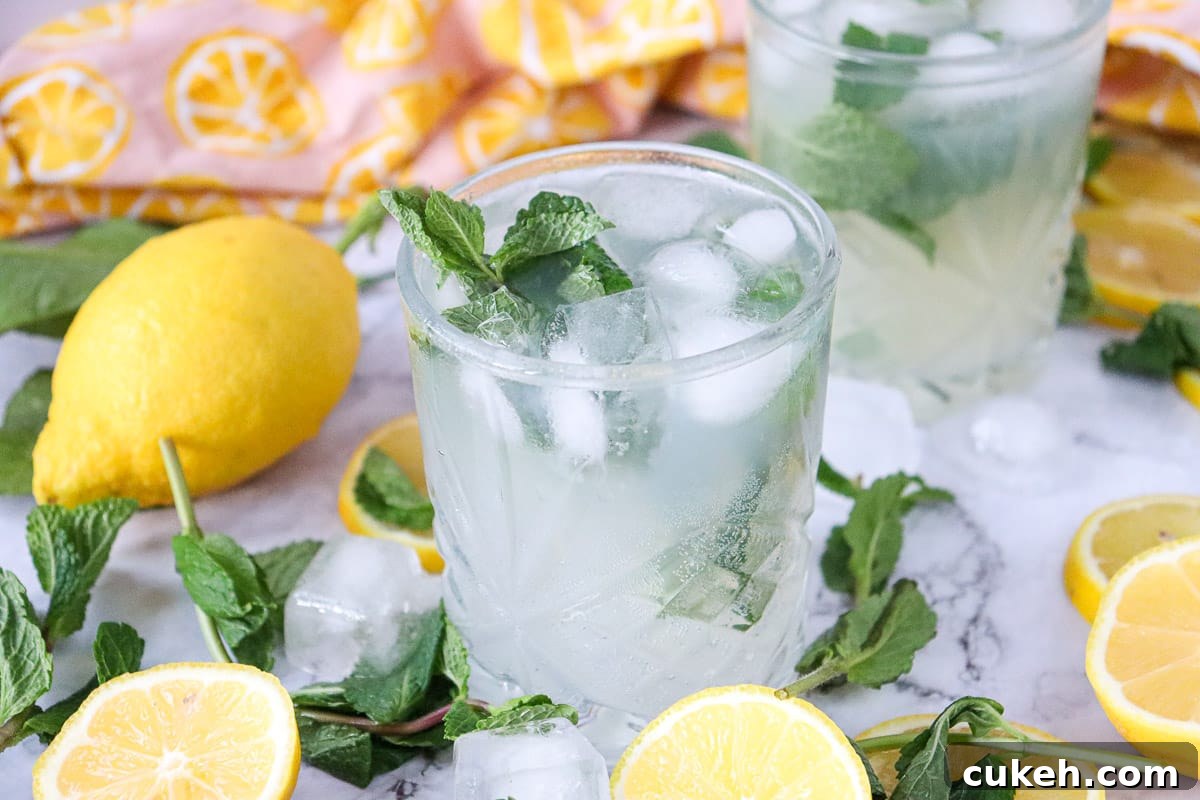 Lemon mint mojito mocktail with fresh herbs.