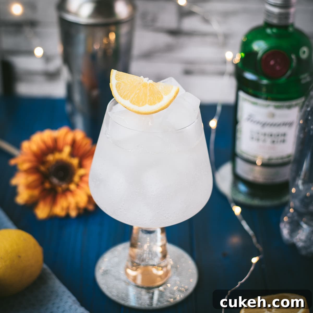 Refreshing lemon gin and tonic in a tall glass.