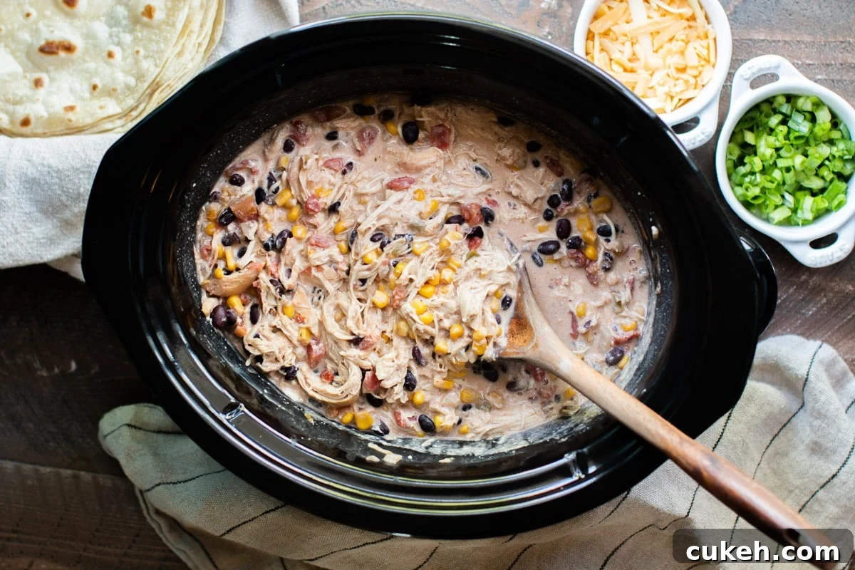 shredded chicken with corn and beans in slow cooker