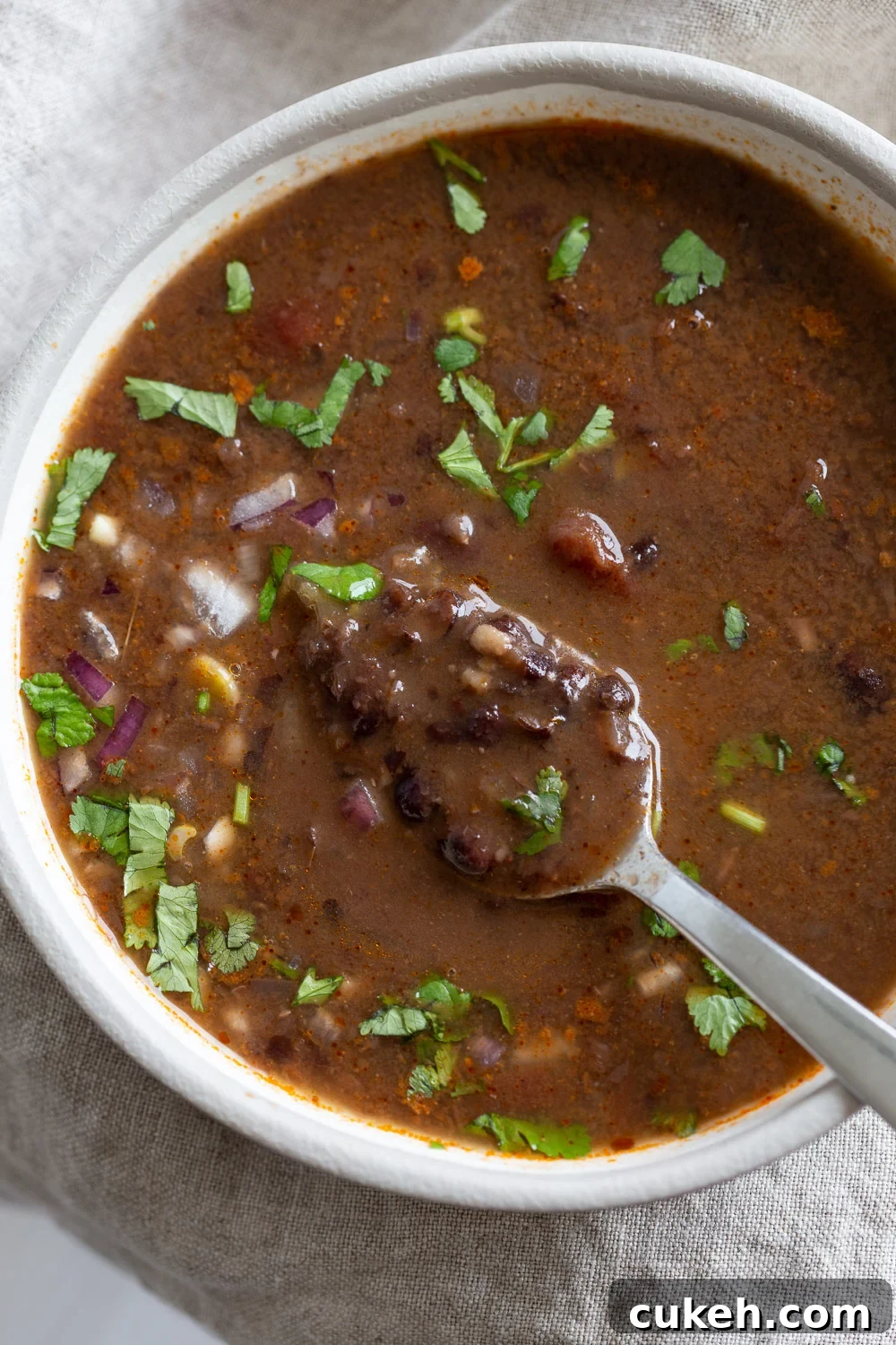 overhead shot of a white bowl with vegan black bean soup with a spoon dipping into the bowl 