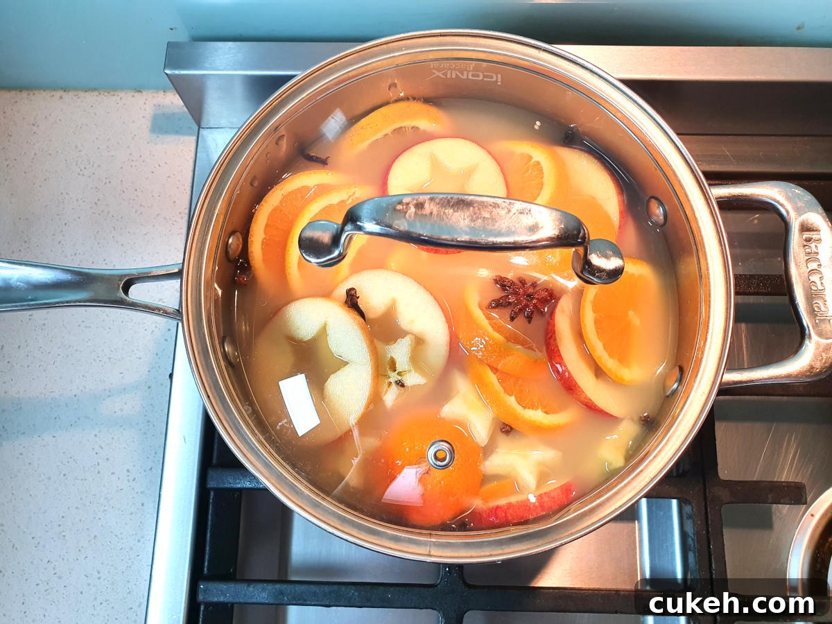 mulled apple cider with simmering in pot with clear glass lid, on a gas stove.