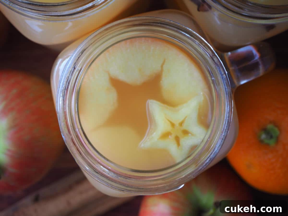 close up top down view of mulled apple cider showing star shapes, with apples, oranges and spices on the side.