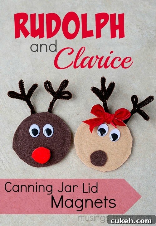 Rudolph and Clarice Reindeer Canning Jar Lid Magnets - a simple, adorable Christmas craft for kids that would also make a great homemade gift
