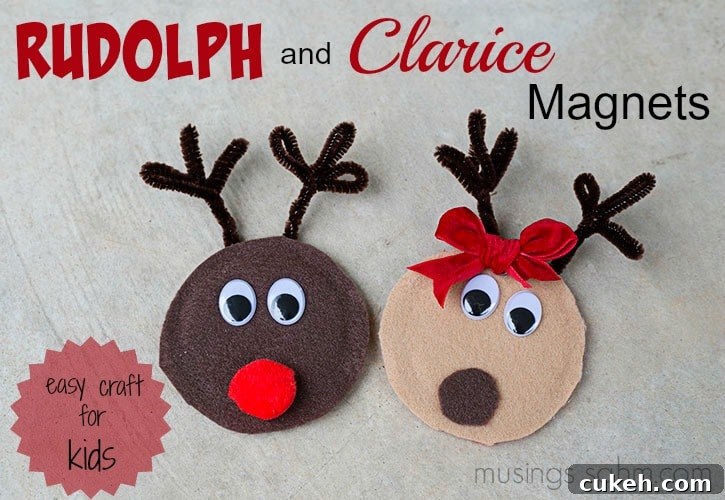 Rudolph and Clarice Reindeer Canning Jar Lid Magnets - a simple, adorable Christmas craft for kids that would also make a great homemade gift