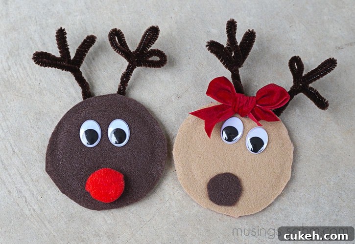 Rudolph and Clarice Reindeer Canning Jar Lid Magnets - a simple, adorable Christmas craft for kids that would also make a great homemade gift