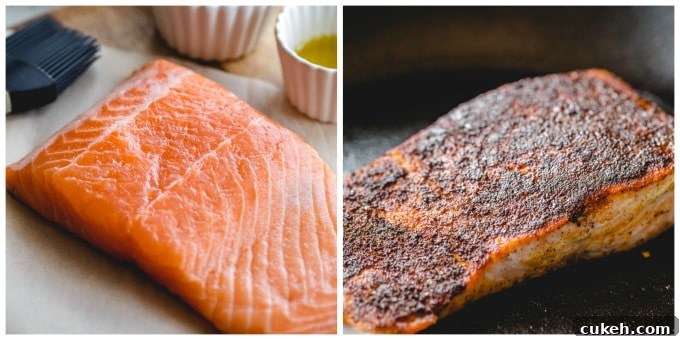 Collage of two images showing before and after salmon being cooked.