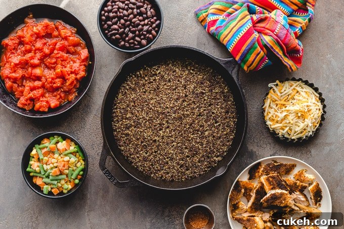 Overhead view of ingredients to make a salmon and quinoa casserole.