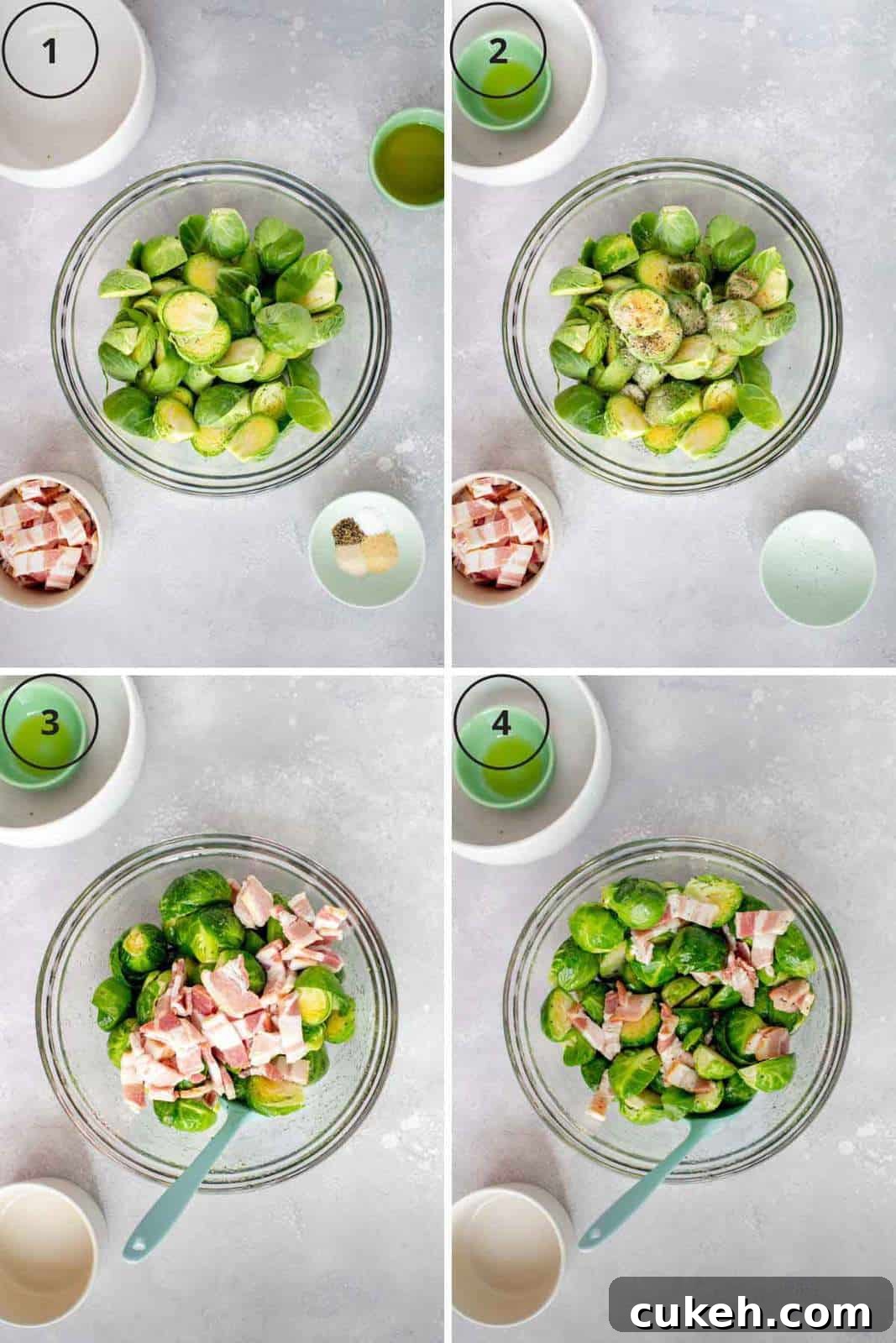 Set of four photos showing brussels sprouts seasoned and prepared.