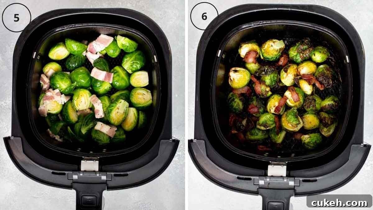 Set of two photos showing brussels sprouts in the air fryer.