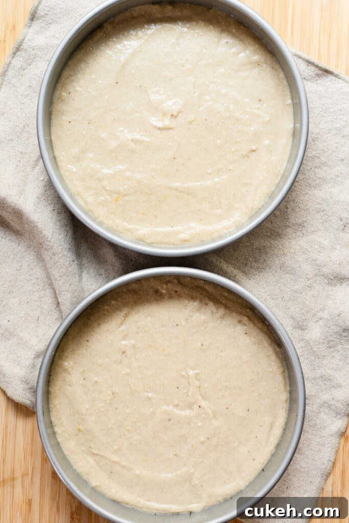Overhead of two cake pans filled with batter.
