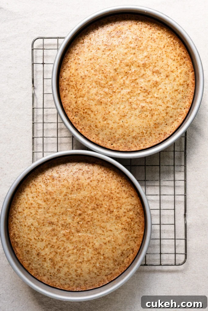 Overhead of two cakes in their pans on a cooling rack.
