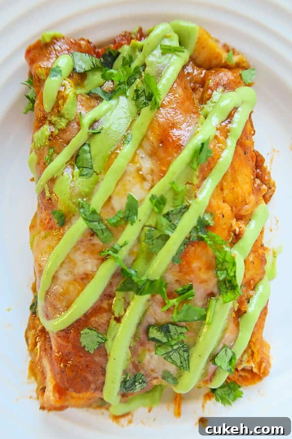 Baked Red Chicken Enchiladas (with Creamy Avocado Sauce Drizzle)