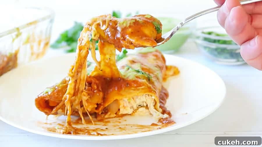  bite shot of the easy baked red chicken enchiladas (with Creamy avocado sauce drizzle0