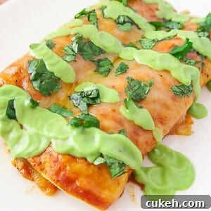 Easy Baked Red Chicken Enchiladas (with Creamy Avocado Sauce Drizzle)