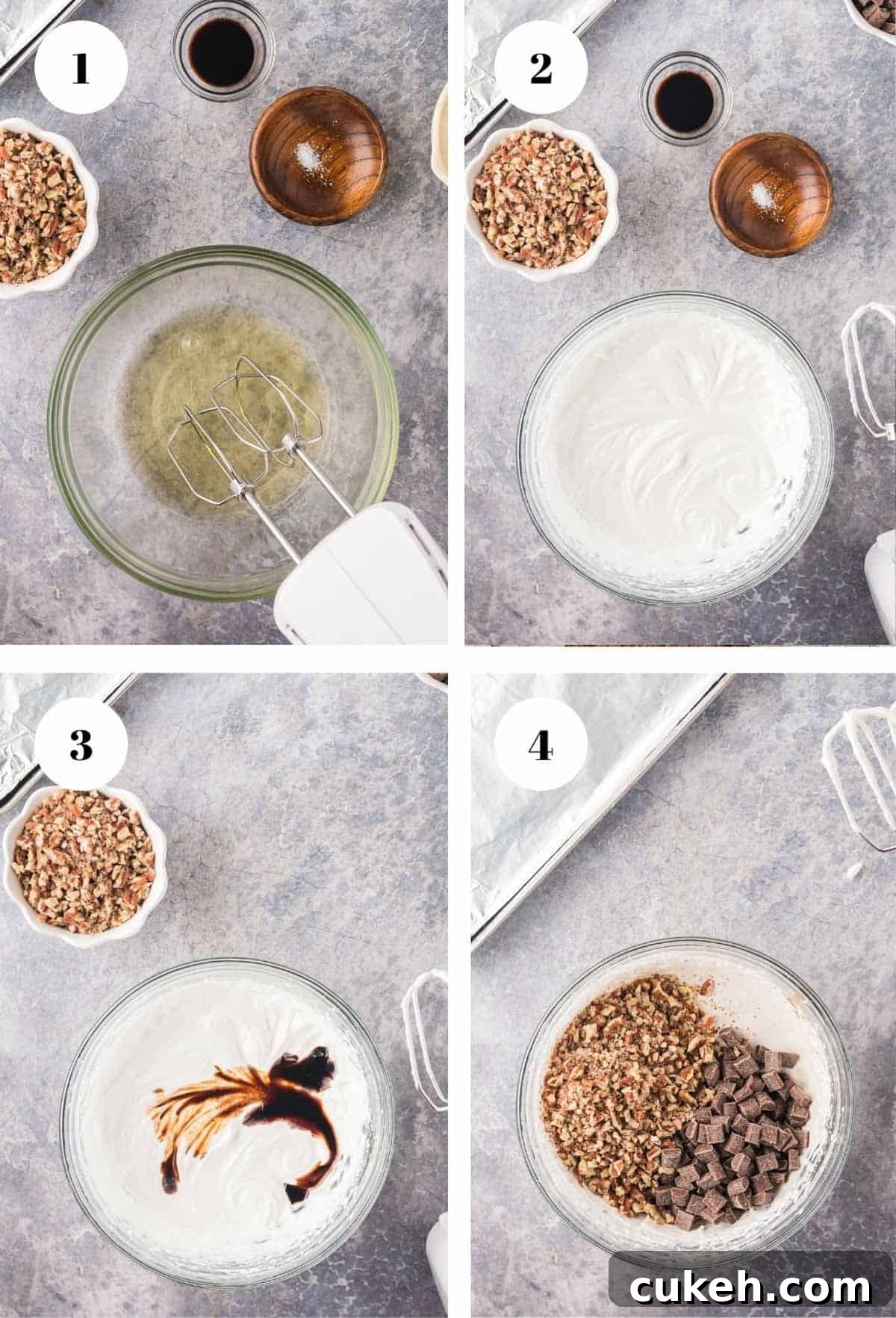 How to make egg white cookies. Adding ingredients to a mixing bowl for egg white cookies.