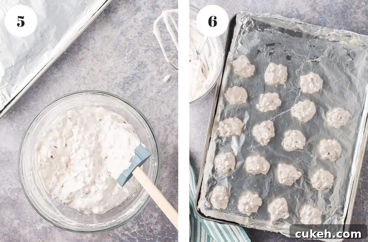 Making chocolate chip meringue cookies. Stirring and placing chocolate chip meringue cookies on a baking sheet.