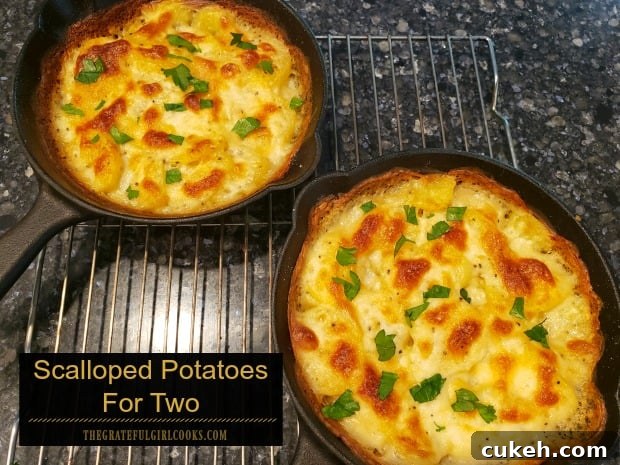 Scalloped Potatoes For Two is an easy to make, delicious side dish, featuring golden potato slices baked in a creamy Parmesan/garlic sauce. Scalloped Potatoes For Two is an easy to make, delicious side dish, featuring golden potato slices baked in a creamy Parmesan/garlic sauce.