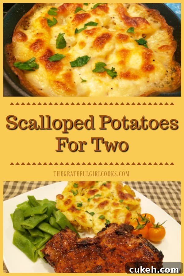 Scalloped Potatoes For Two Scalloped Potatoes For Two is an easy to make, delicious side dish, featuring golden potato slices baked in a creamy Parmesan/garlic sauce.