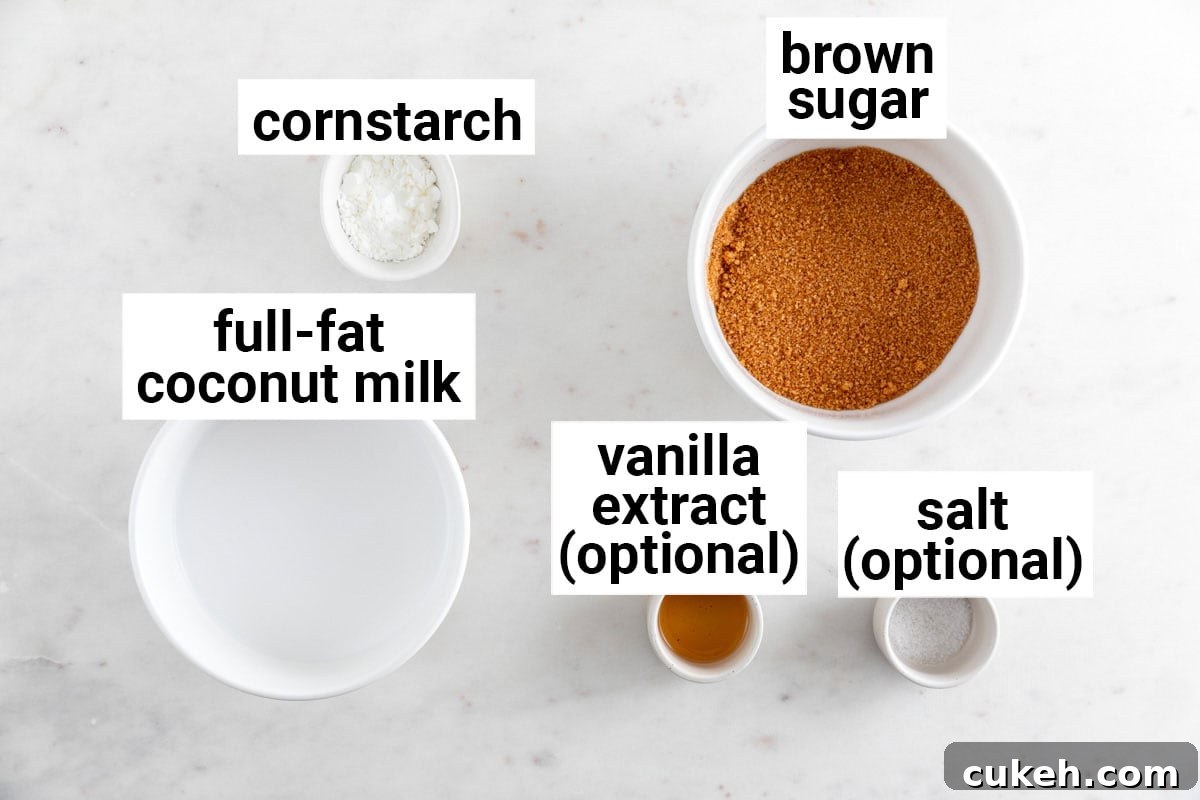 Ingredients needed to make vegan caramel sauce.