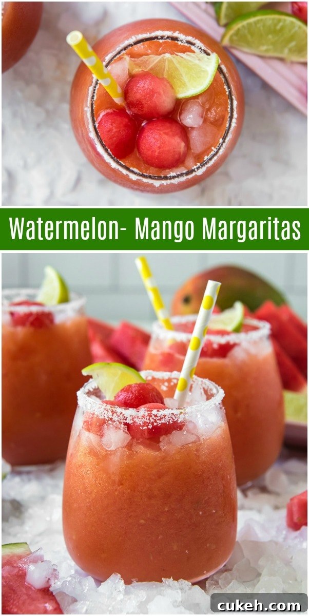 Watermelon Mango Margaritas pinterest collage image for watermelon mango margaritas