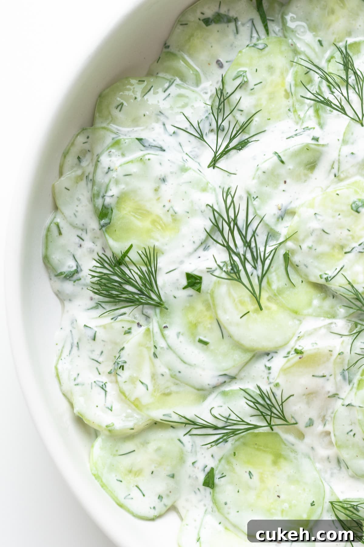 Closeup of Gurkensalat (German cucumber salad) in a white bowl.