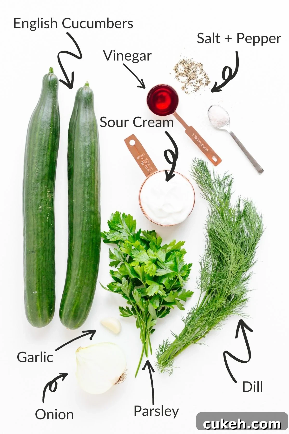 Labelled photo of ingredients needed to make German cucumber salad (Gurkensalat).