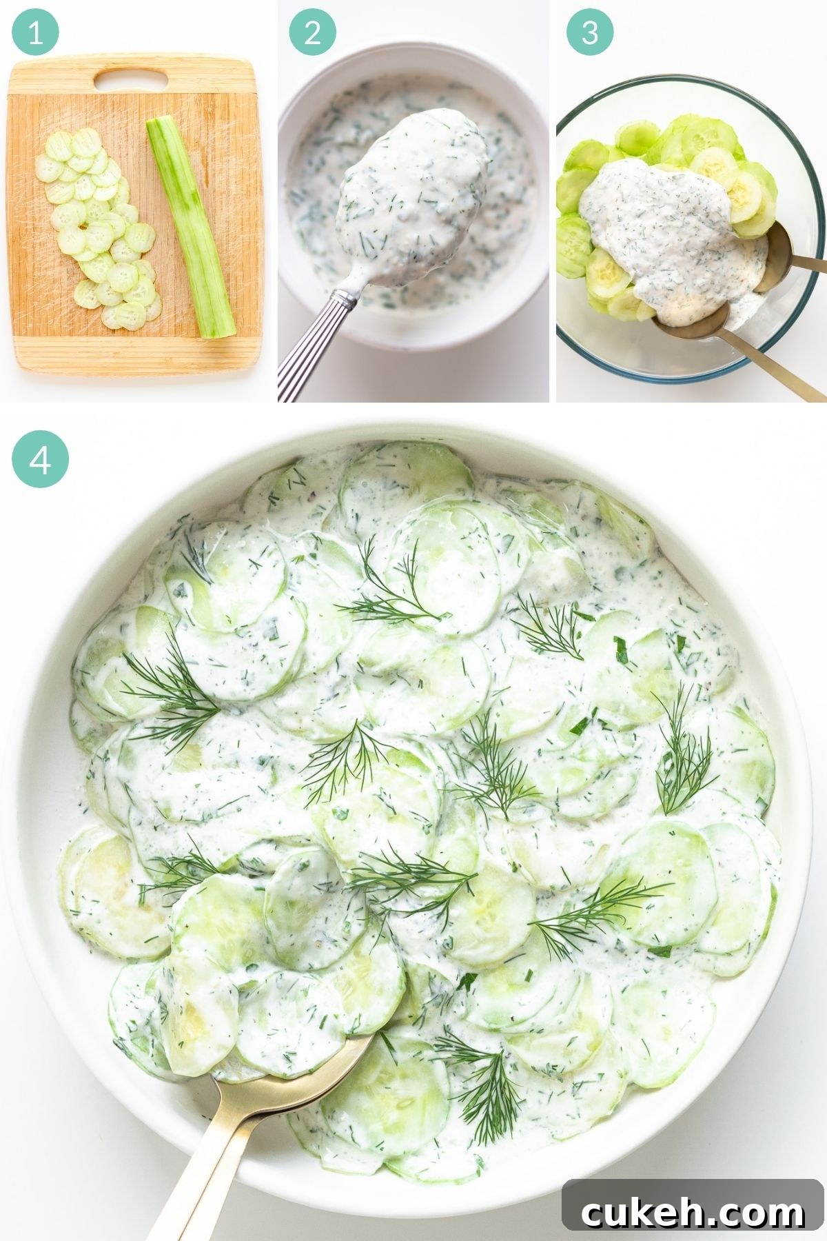 Numbered collage showing step by step how to make Gurkensalat (German Cucumber Salad).